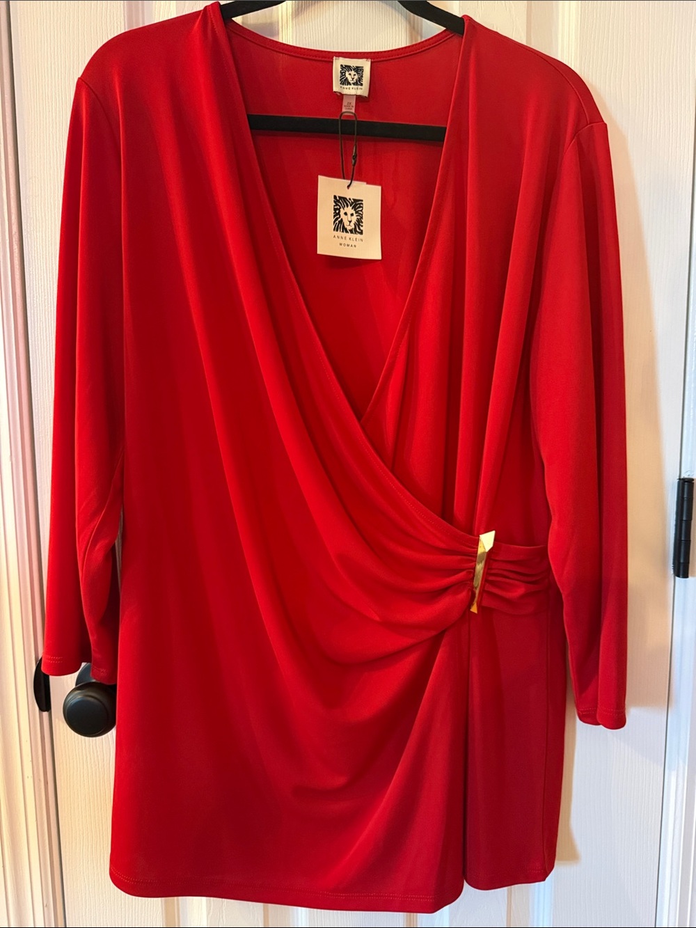 Anne Klein Red Long-Sleeve Draped Wrap Top with Gold Accent